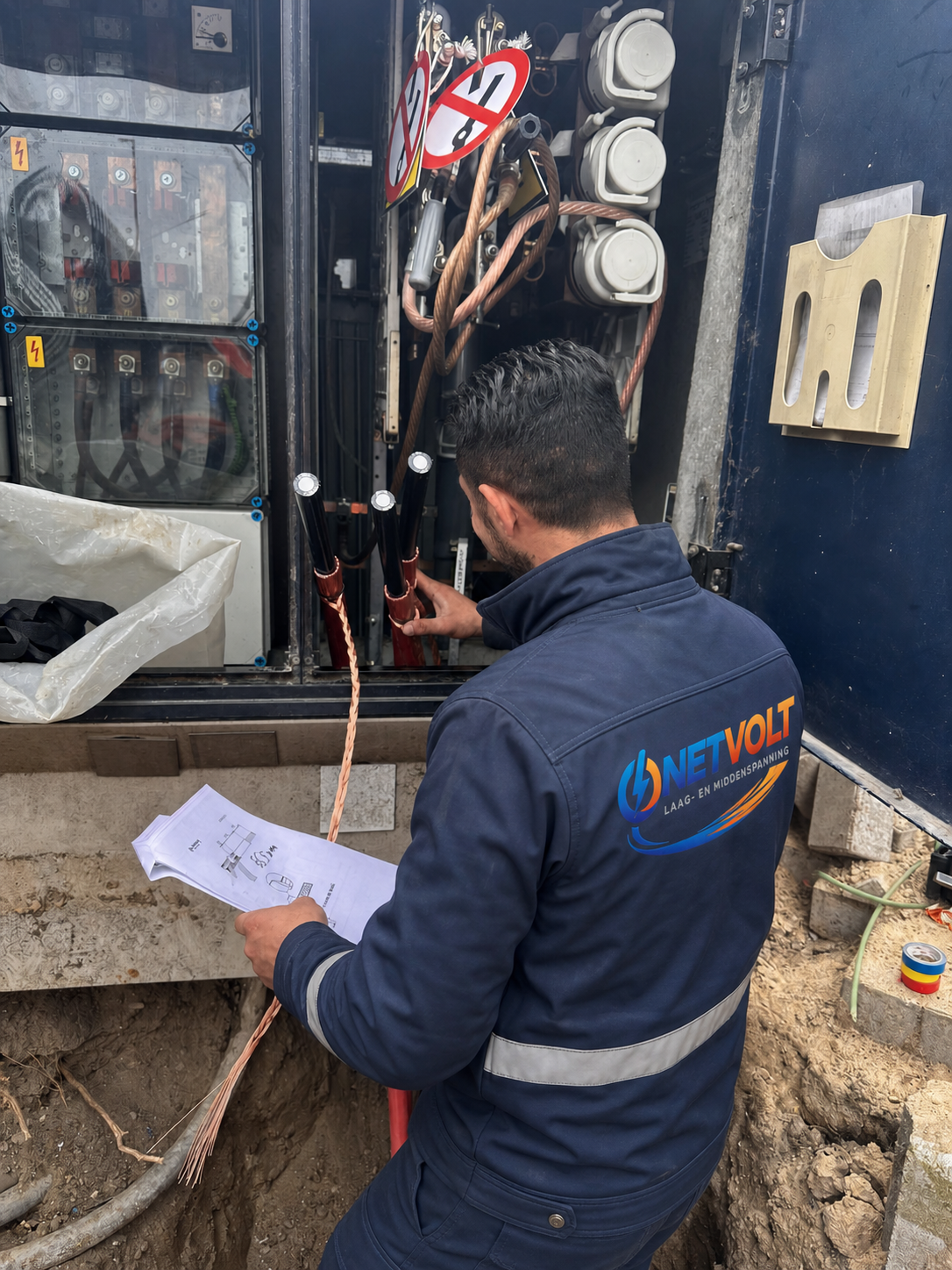 Monteur Netvolt aan het werk aan middenspanningsinstallatie